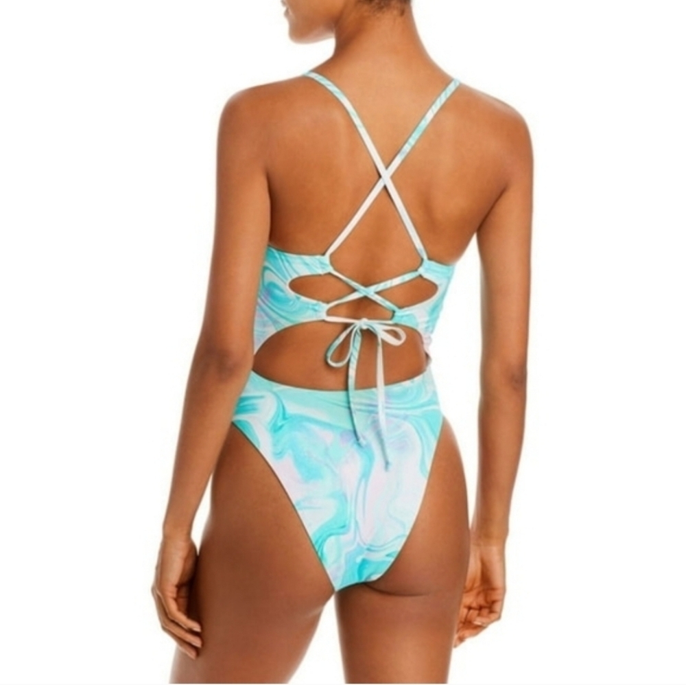 98$ AQUA SWIRL PRINT ONE PIECE SWIMSUIT - Picture 2 of 2